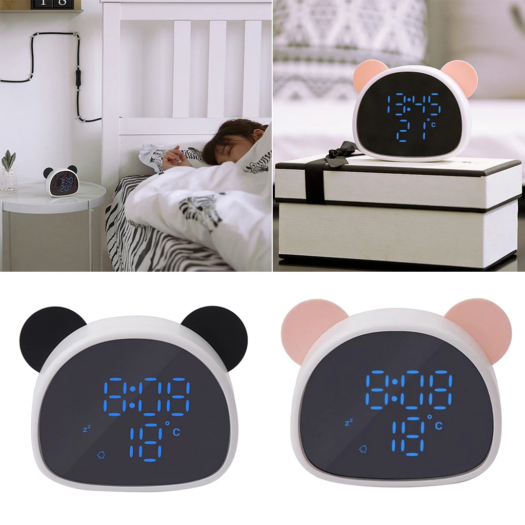Panda Shape Digital Alarm Clock Portable Mirror Display Temperature Time for Children Kids, LED Digital Display Clock