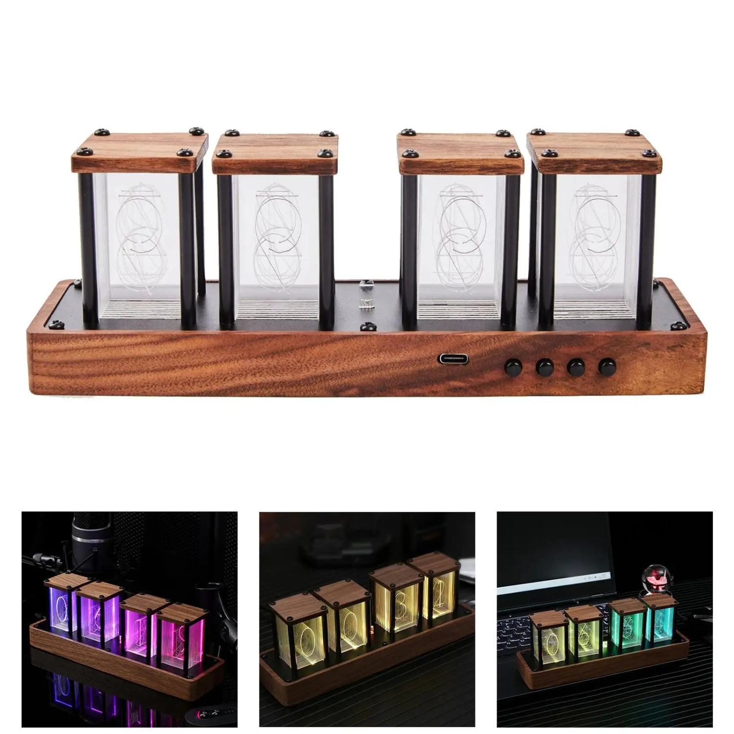 Modern Nixie Tube Clock LED Desk Clock Glow Tube Alarm Clock Bedroom Decor