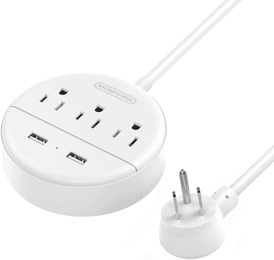 Power Strip with USB, NTONPOWER Travel Power Strip Flat Plug, 3 Outlet 2 USB Desktop Charging Station with 5ft Extension Cord Wall Mount for Cruise Ship, Travel, Home, Nightstand and Office, White