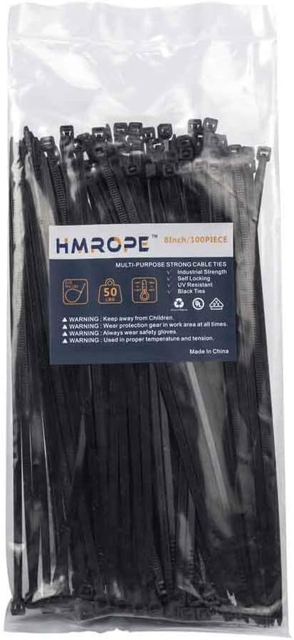 Hmrope 100pcs Cable Zip Ties Heavy Duty 8 Inch, Premium Plastic Wire Ties with 50 Pounds Tensile Strength, Self-Locking Black Nylon Tie Wraps for Indoor and Outdoor