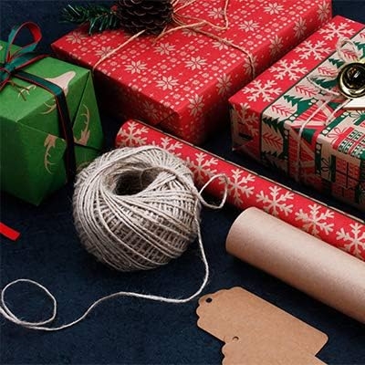 RUSPEPA Christmas Gift Wrapping Paper - Brown Kraft Paper with Red and Green Pattern for Gift-Christmas Elements Collection-6 Roll-30Inch X 10Feet Per Roll
