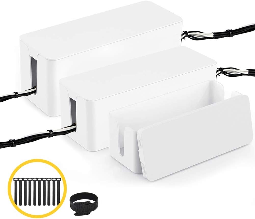 [Set of Three] Cable Management Boxes, Large Storage Holder Cord Organizer for Desk, TV, Computer, USB Hub, System to Cover and Hide & Power Strips & Cords (White)