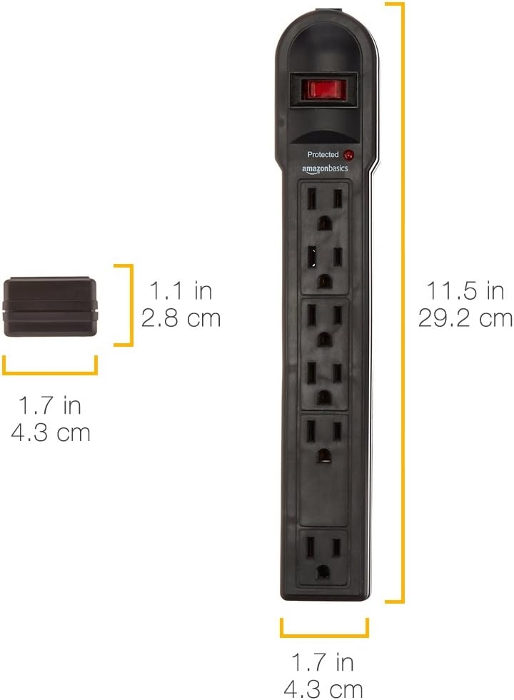 Basics 6-Outlet Surge Protector Power Cord Strip, 790 Joule, Black, 10-Pack