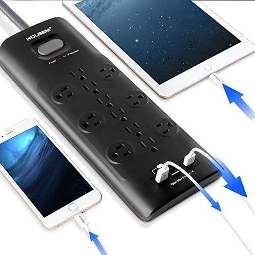HOLSEM 12 Outlets Surge Protector Power Strip with 3 Smart USB Charging Ports (5V/3.1A) and 6' Heavy Duty Extension Cord, Black