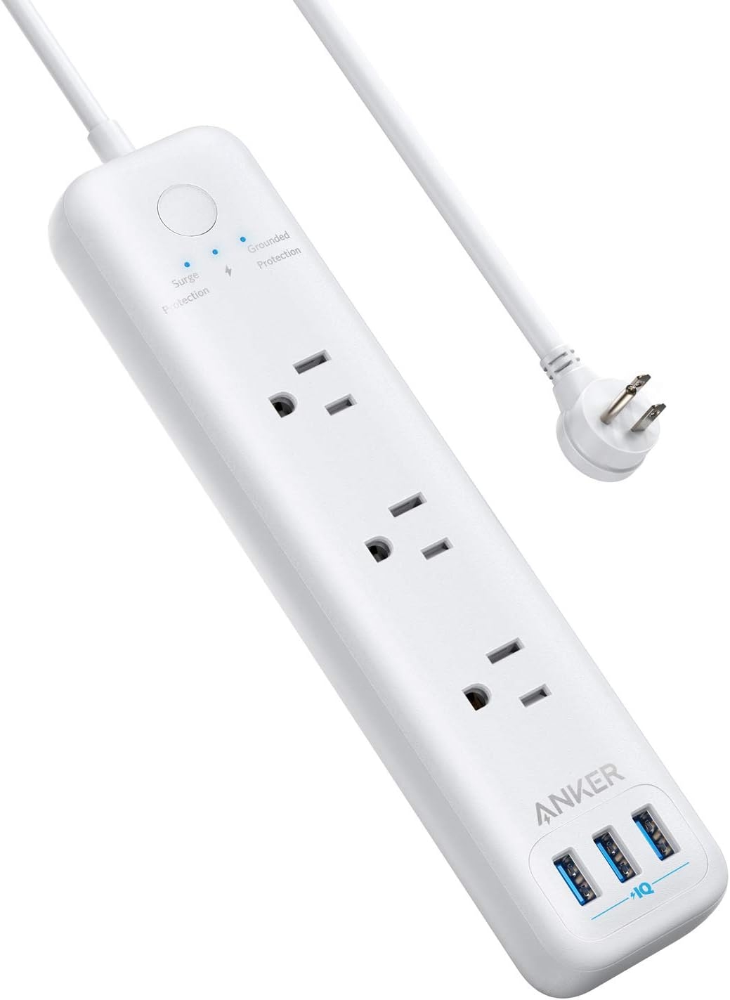 Power Strip with USB, Anker 3-Outlet & 3 PowerIQ USB Power Strip Surge Protector, PowerPort Strip 3 with 5 Foot Long Extension Cord, Flat Plug, Safety Shutter, for Home, Office (300 J)
