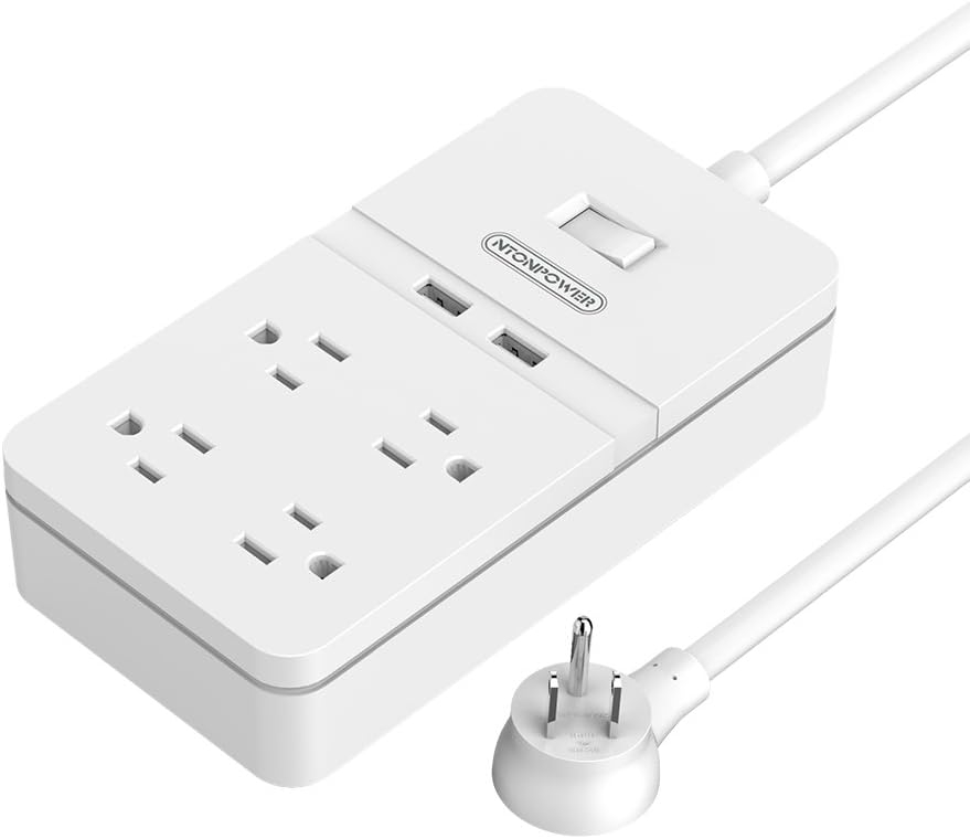 NTONPOWER 4-Outlet Electrical Surge Protector with 12W 2-Port USB Charger and Overload Switch Multi Outlet Flat Plug Power Strip with 5ft Heavy-Duty Extension Cord for Computer Cellphone Home - White