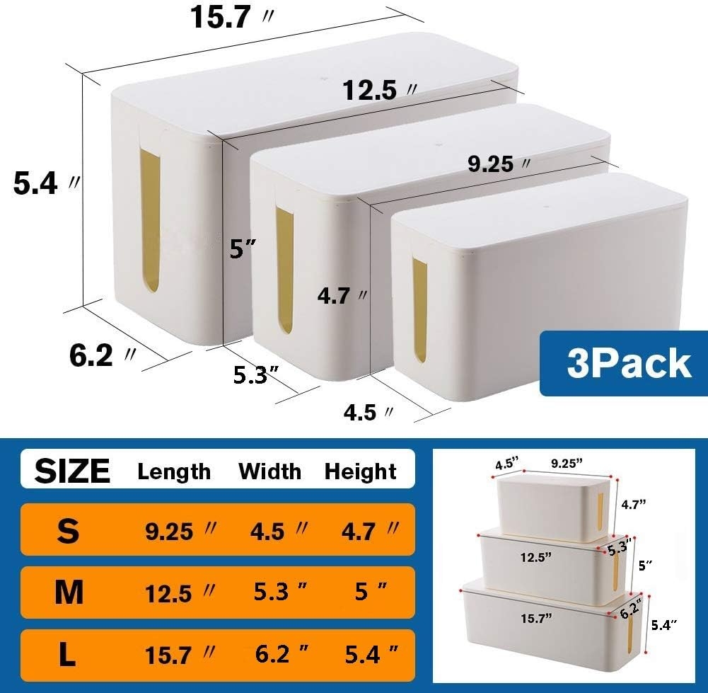 [Set of Three] Cable Management Boxes, Large Storage Holder Cord Organizer for Desk, TV, Computer, USB Hub, System to Cover and Hide & Power Strips & Cords (White)