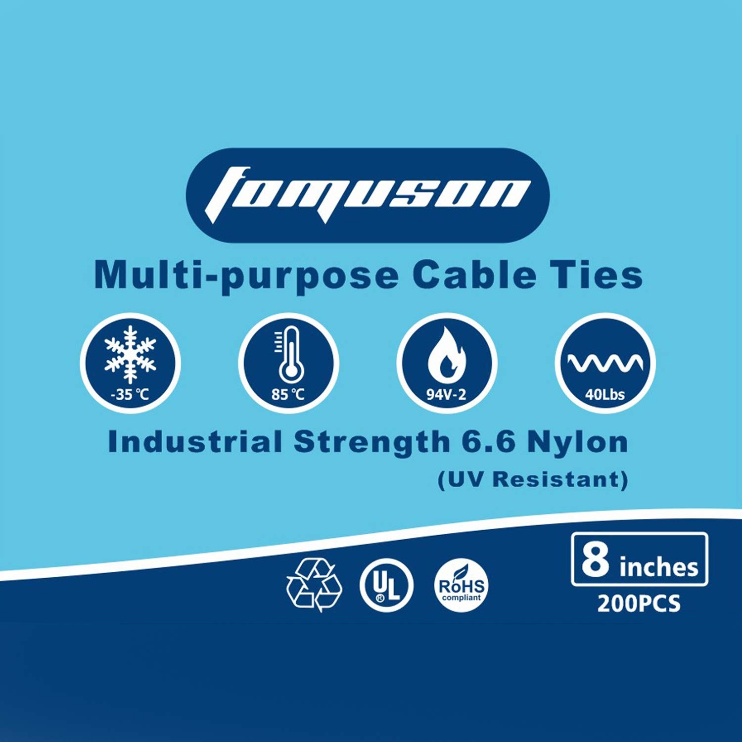 200 Pieces Zip Ties, Fomuson Nylon Cable Ties with 40lbs Tensile Strength, Self-Locking Plastic Wire Tie Wraps with Heat & UV Resistance for Indoor and Outdoor(8” x 0.15” / Black)