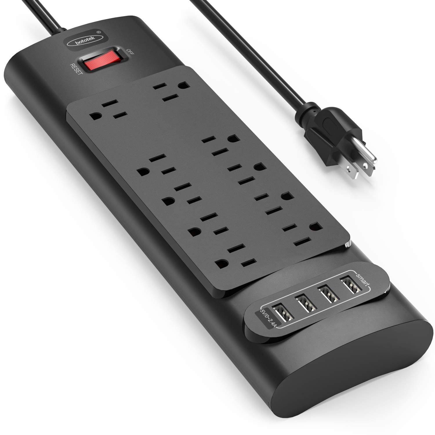 Power Strip, Bototek Surge Protector with 10 AC Outlets and 4 USB Charging Ports,1625W/13A, 2100 Joules, 6 Feet Long Extension Cord for Smartphone Tablets Home,Office, Hotel- Black