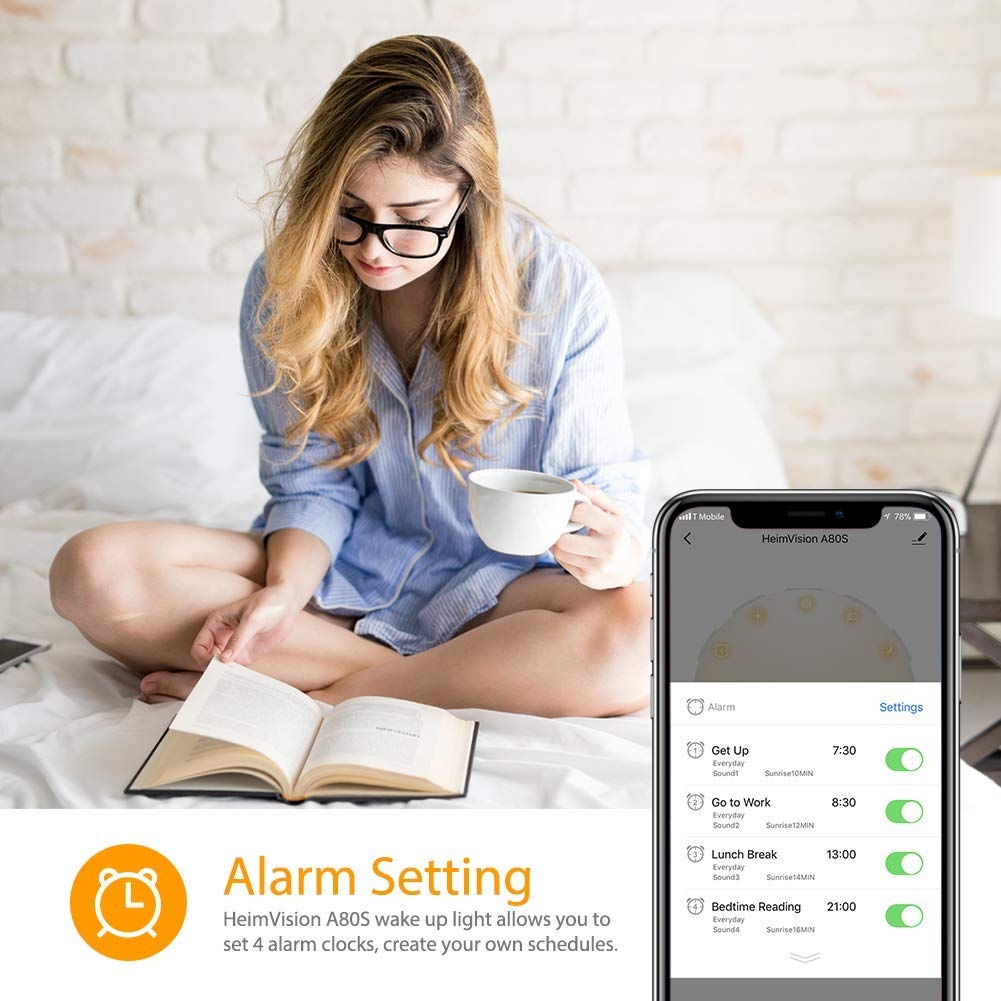 HeimVision Sunrise Alarm Clock, Smart Wake up Light Sleep Aid Digital Alarm Clock with Sunset Simulation and FM Radio, 4 Alarms /7 Alarm Sounds/Snooze/20 Brightness