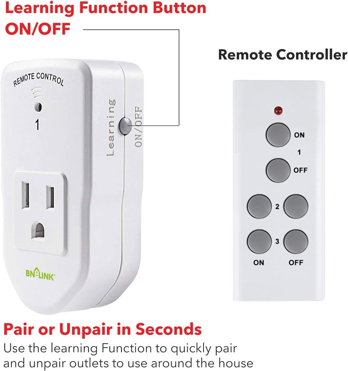 BN-LINK Wireless Remote Control Electrical Outlet Switch for Lights, Fans, Christmas Lights, Small Appliance, Long Range White (Learning Code, 3Rx-1Tx) 1200W/10A
