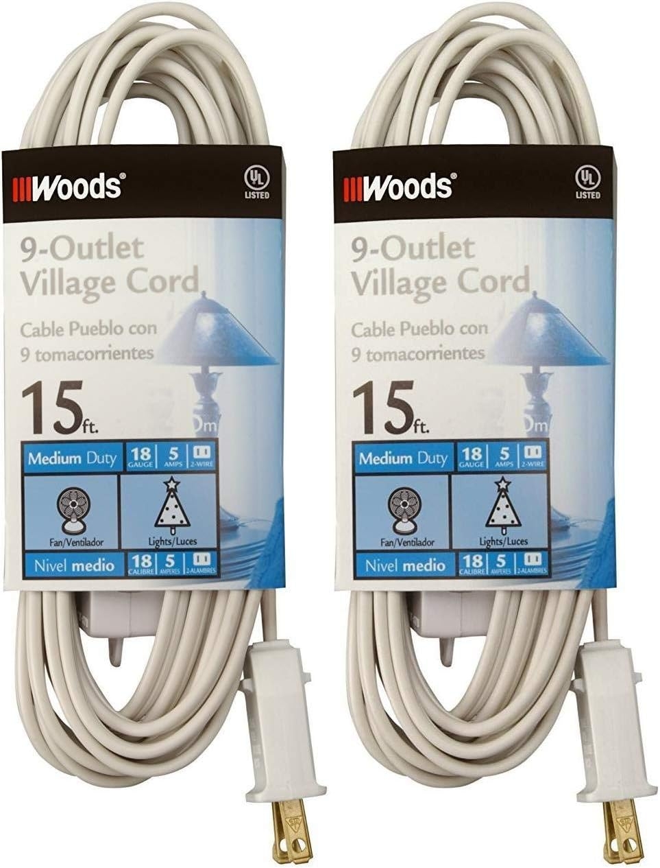 Woods Extension Cord For Christmas Or Holiday Lights With 9 Outlets For Indoors (15 Ft, Green)