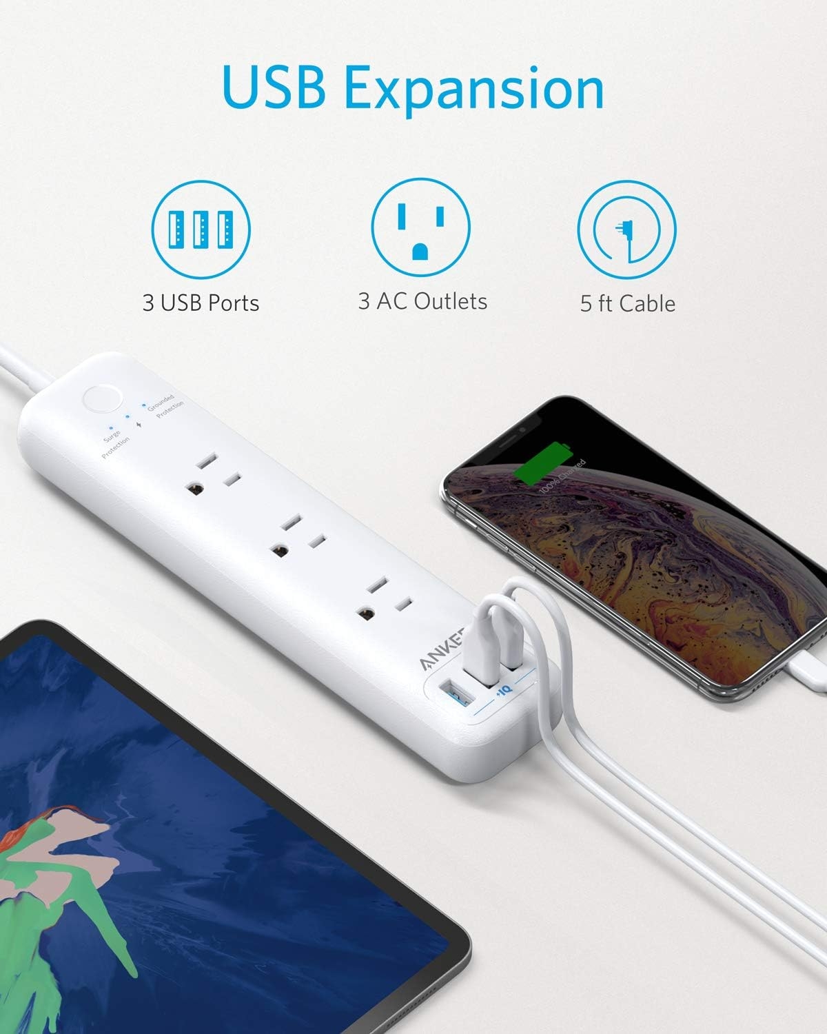 Power Strip with USB, Anker 3-Outlet & 3 PowerIQ USB Power Strip Surge Protector, PowerPort Strip 3 with 5 Foot Long Extension Cord, Flat Plug, Safety Shutter, for Home, Office (300 J)