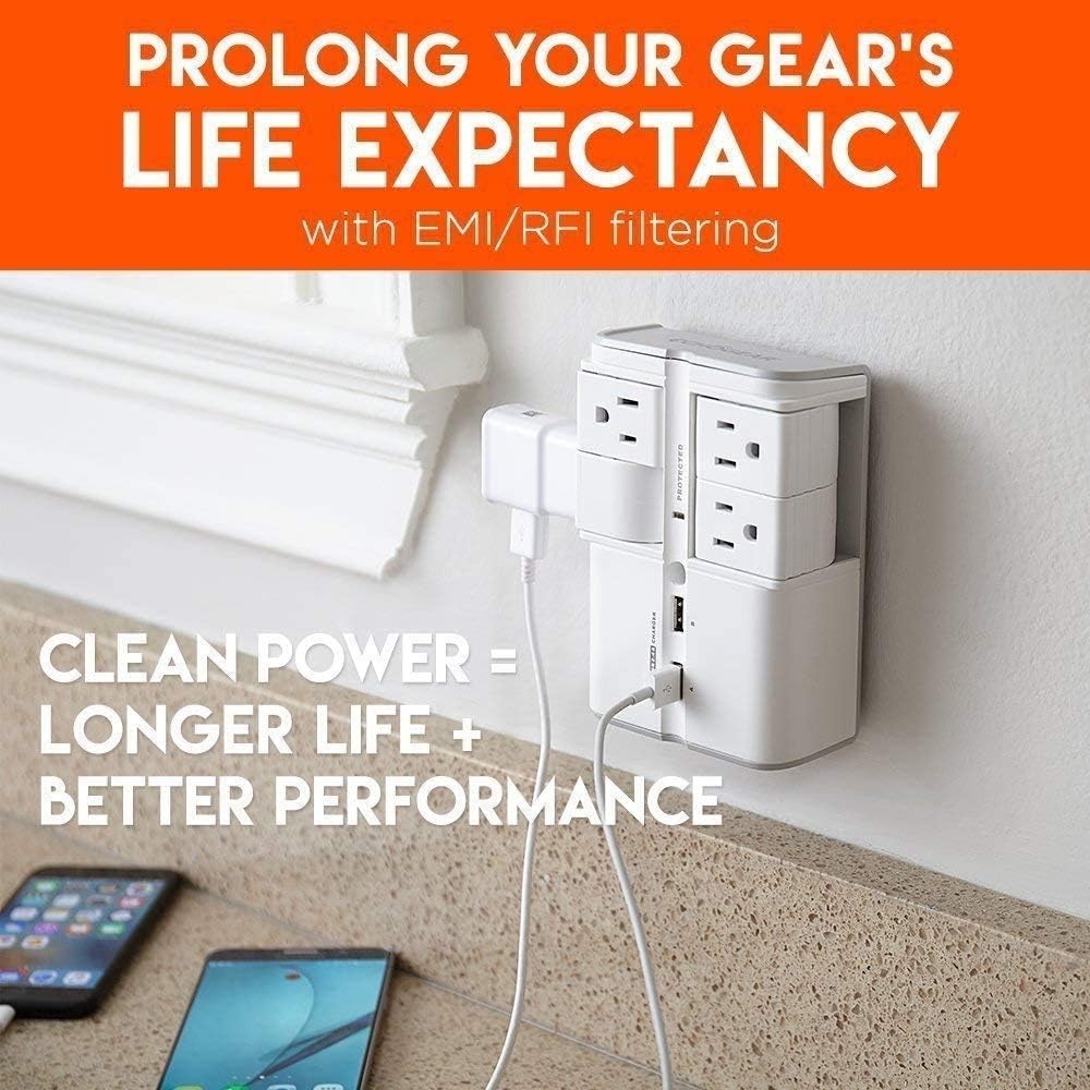 ECHOGEAR On-Wall Surge Protector with 4 Pivoting AC Outlets & 2 USB Ports – Packs 1080 Joules of Surge Protection & Installs On Existing Outlets to Protect Your Gear & Increase Outlet Capacity