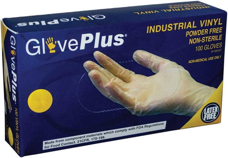 GlovePlus Industrial Clear Vinyl Gloves - 4 mil, Latex Free, Powder Free, Disposable, Non-Sterile, Food Safe