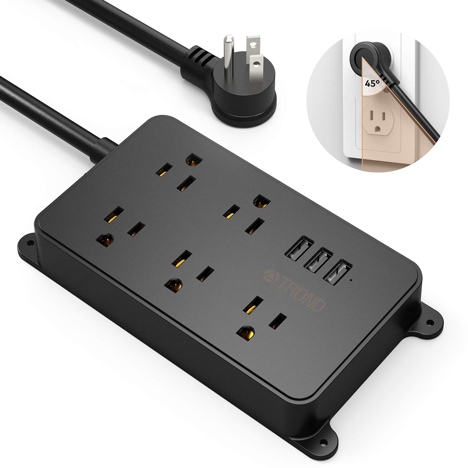 TROND Power Strip with 3 USB Ports, ETL Listed, 5 Widely-Spaced Outlets, Flat Plug, 15A 5ft Extension Cord, Wall Mount, for Home Office Accessories