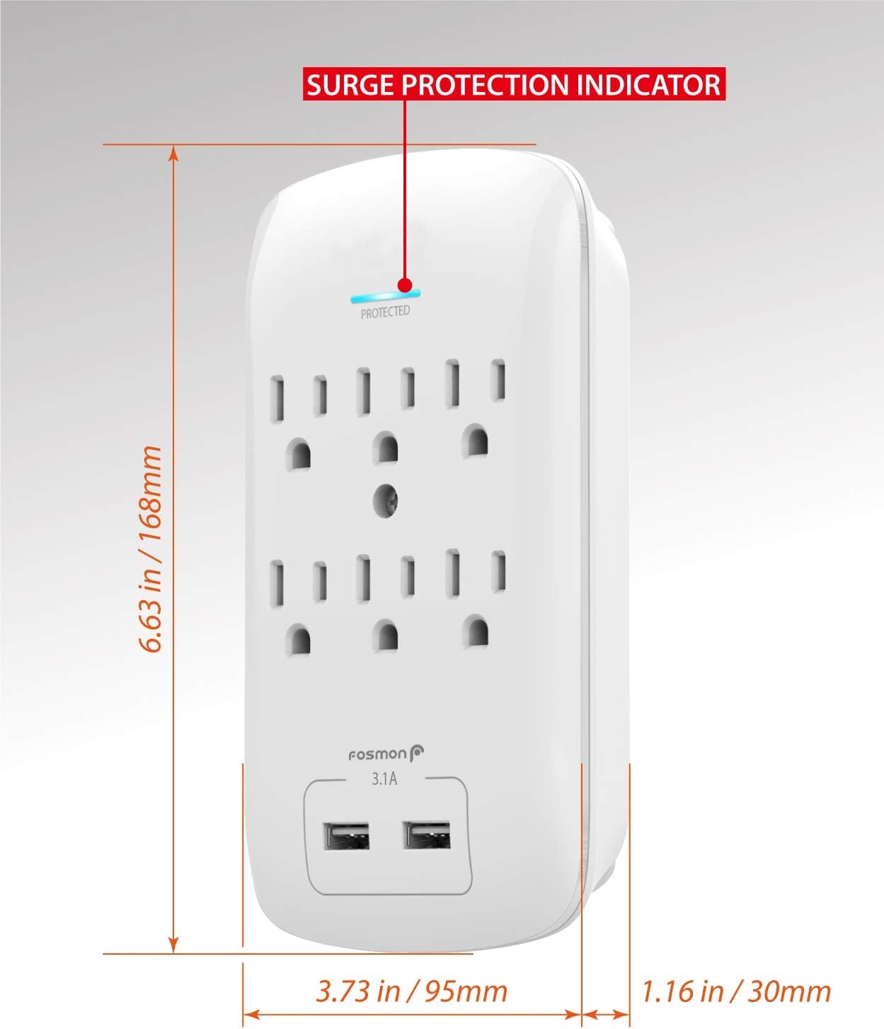 Fosmon 6 Outlet Surge Protector with 2.1A Dual USB Ports Charger, Multi Plug Outlet Extender 1875 Watt, 3-Prong Grounded Wall Tap Splitter Adapter