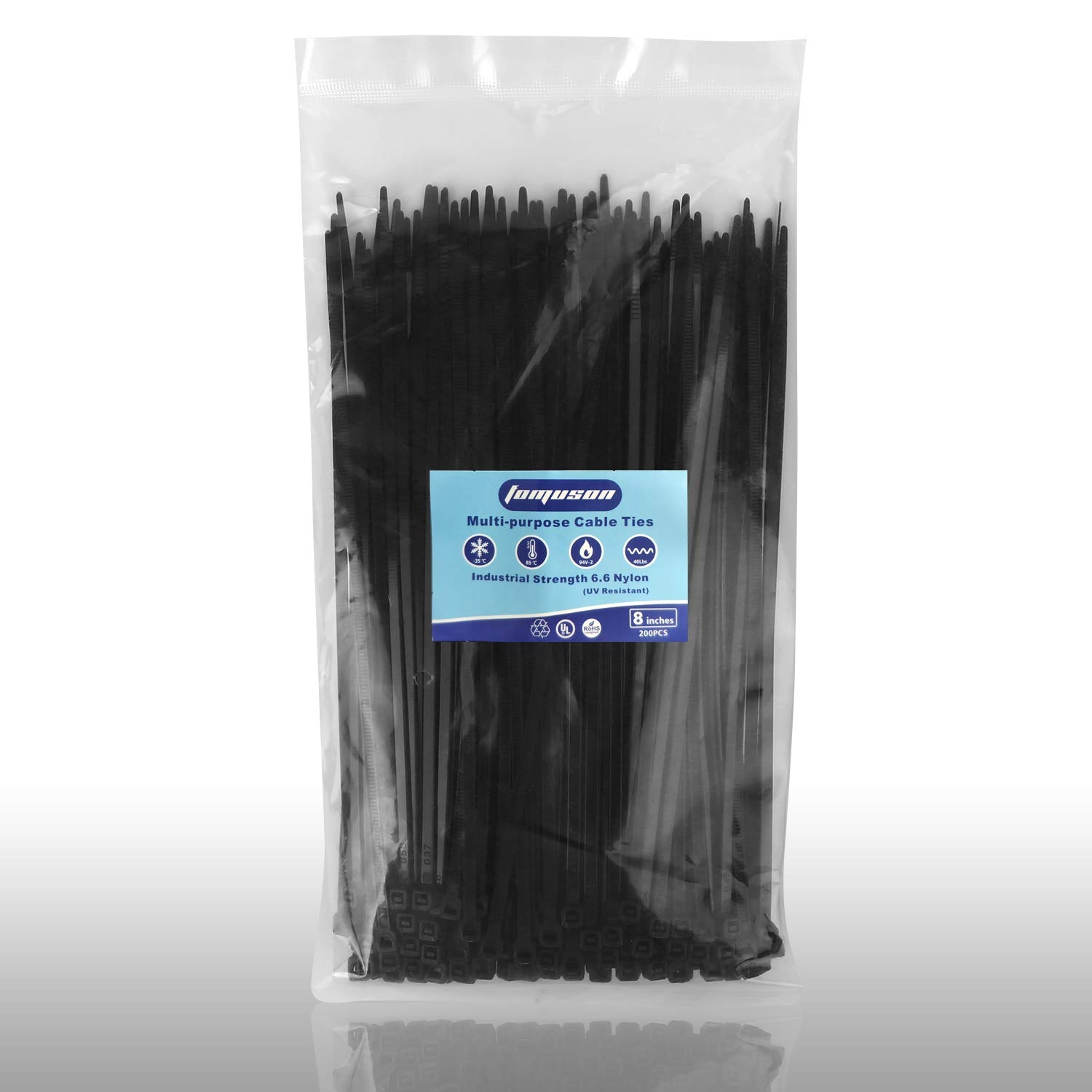 200 Pieces Zip Ties, Fomuson Nylon Cable Ties with 40lbs Tensile Strength, Self-Locking Plastic Wire Tie Wraps with Heat & UV Resistance for Indoor and Outdoor(8” x 0.15” / Black)