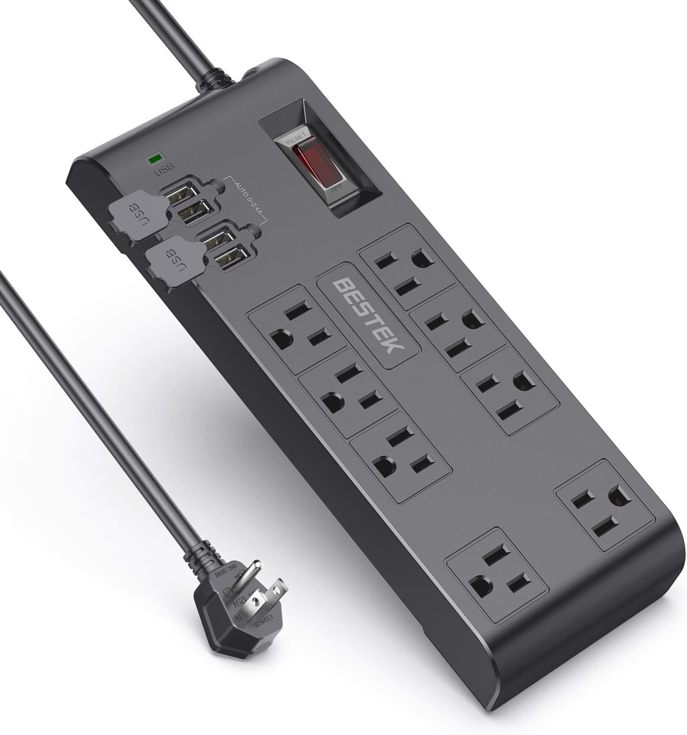 BESTEK 8-Outlet Surge Protector Power Strip with 4 USB Charging Ports and 6-Foot Heavy Duty Extension Cord, 600 Joule, ETL Listed