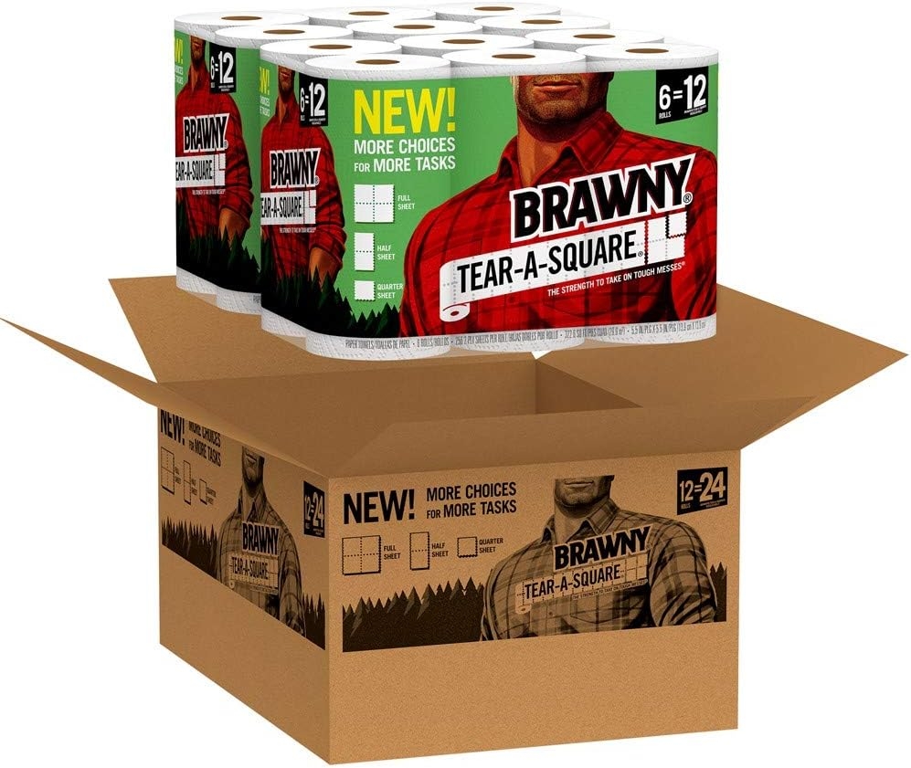 Brawny Tear-A-Square Paper Towels, 12 = 24 Regular Rolls, 3 Sheet Size Options, Quarter Size Sheets, 12 Count, 12 Count (Pack of 1)