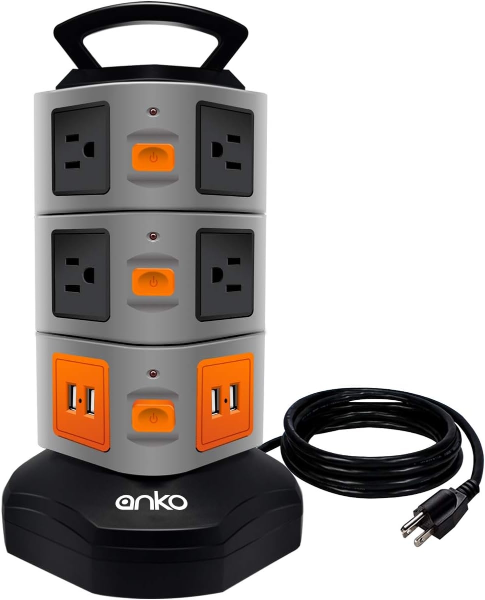 Power Strip Tower, ANKO 3000W 13A 16AWG Surge Protector Electric Charging Station, 10 Outlet Plugs with 4 USB Slot 6feet Cord Wire Extension Universal Charging Station (1-Pack)