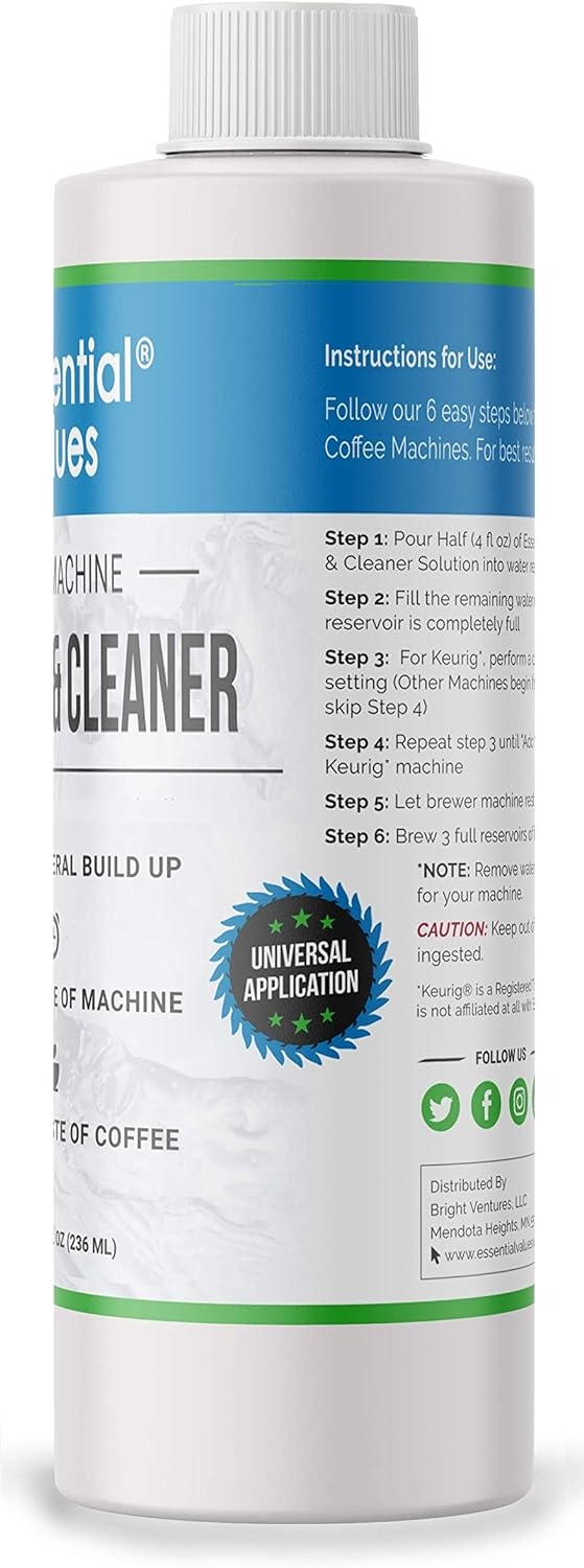 Essential Values Universal Descaling Solution (2 Pack / 4 Uses Total), Designed to Clean Keurig, Nespresso, Delonghi and All Single Use Coffee Pot and Espresso Machines - Proudly Made In USA