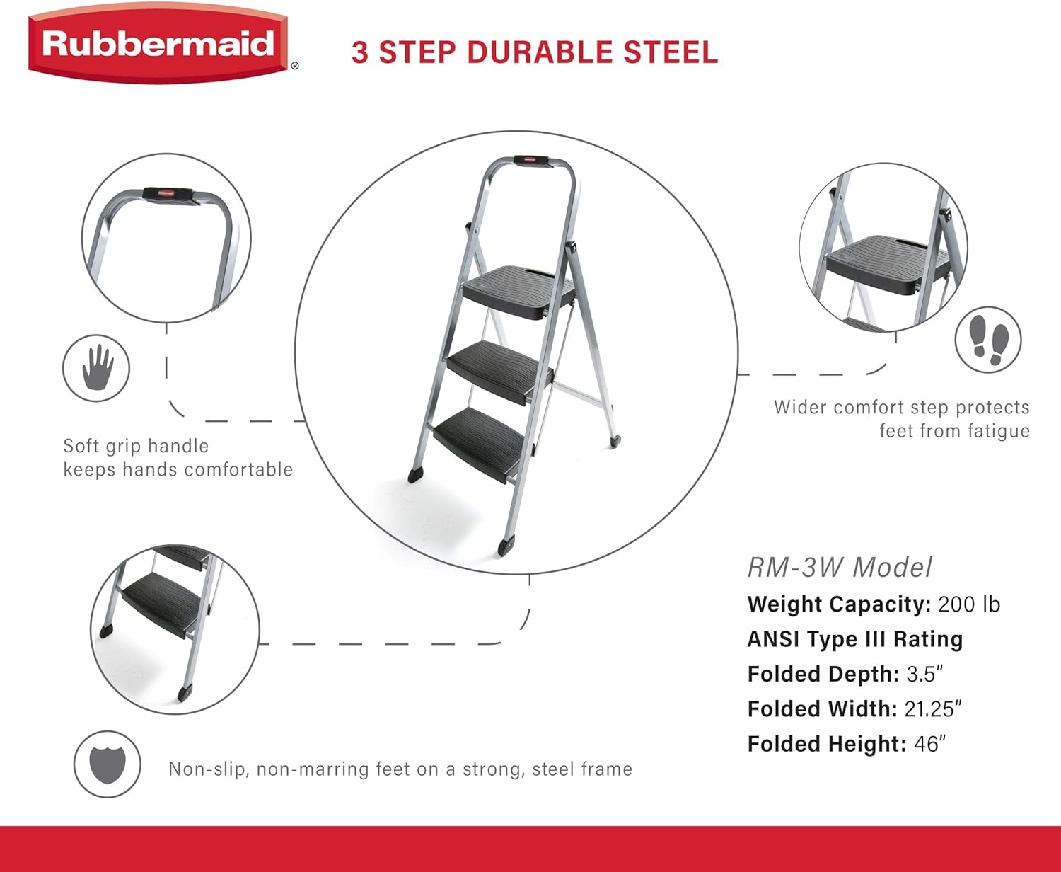 Rubbermaid RM-3W Folding 3-Step Steel Frame Stool with Hand Grip and Plastic Steps, 200-Pound Capacity, Silver Finish