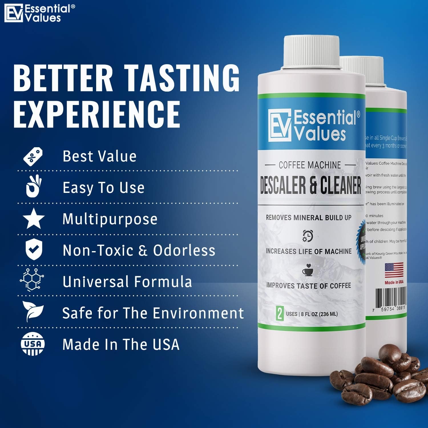 Essential Values Universal Descaling Solution (2 Pack / 4 Uses Total), Designed to Clean Keurig, Nespresso, Delonghi and All Single Use Coffee Pot and Espresso Machines - Proudly Made In USA