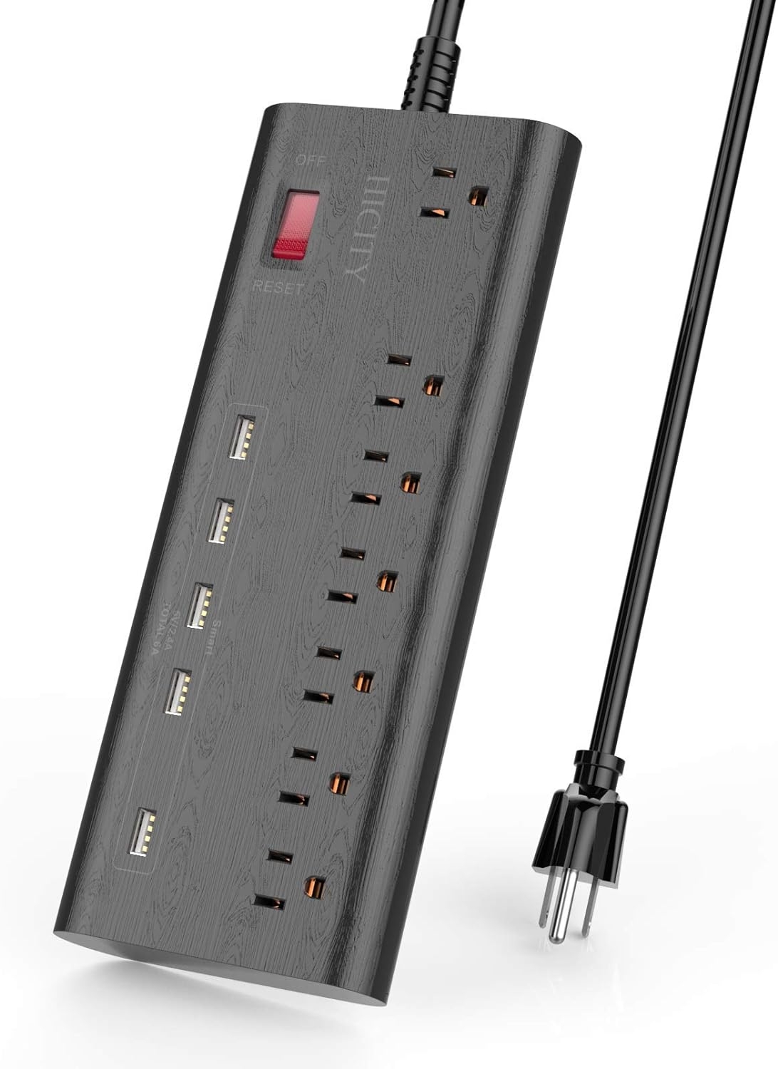 Power Strip Surge Protector with 5 USB Ports (30W/6A) and 7 Outlets (1625W/13A), 2100 Joules, 6ft Heavy Duty Extension Cord, HICITY Wall Mountable Multiplug for Home & Office - Black