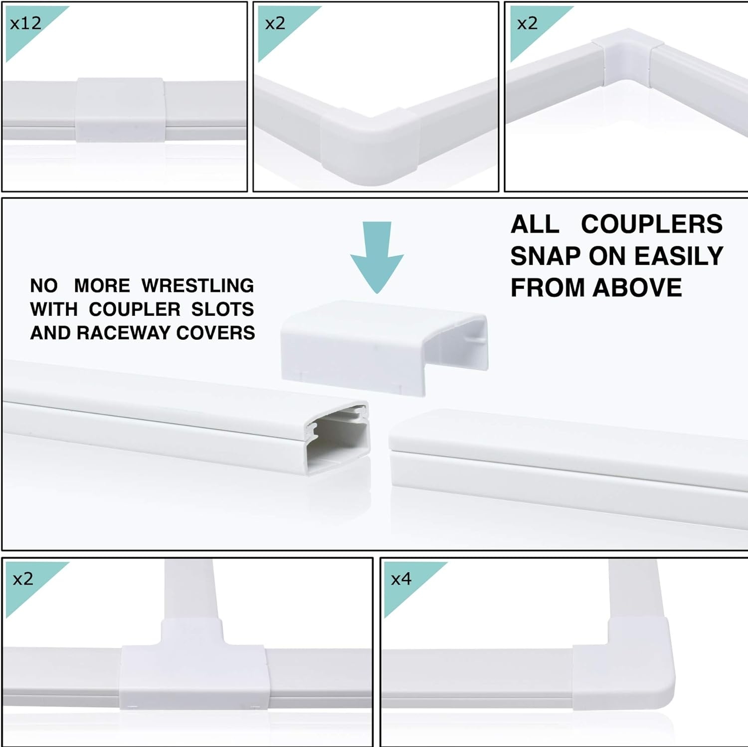 Cable Management On-Wall Raceway Kit, Easy Install, 200" Total w/19 Couplers, Covers Your Whole Project- Saves You Money, Conceal and Organize Cables & Wires Around Your Home, Office, TV