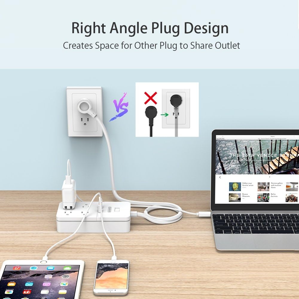 NTONPOWER 4-Outlet Electrical Surge Protector with 12W 2-Port USB Charger and Overload Switch Multi Outlet Flat Plug Power Strip with 5ft Heavy-Duty Extension Cord for Computer Cellphone Home - White