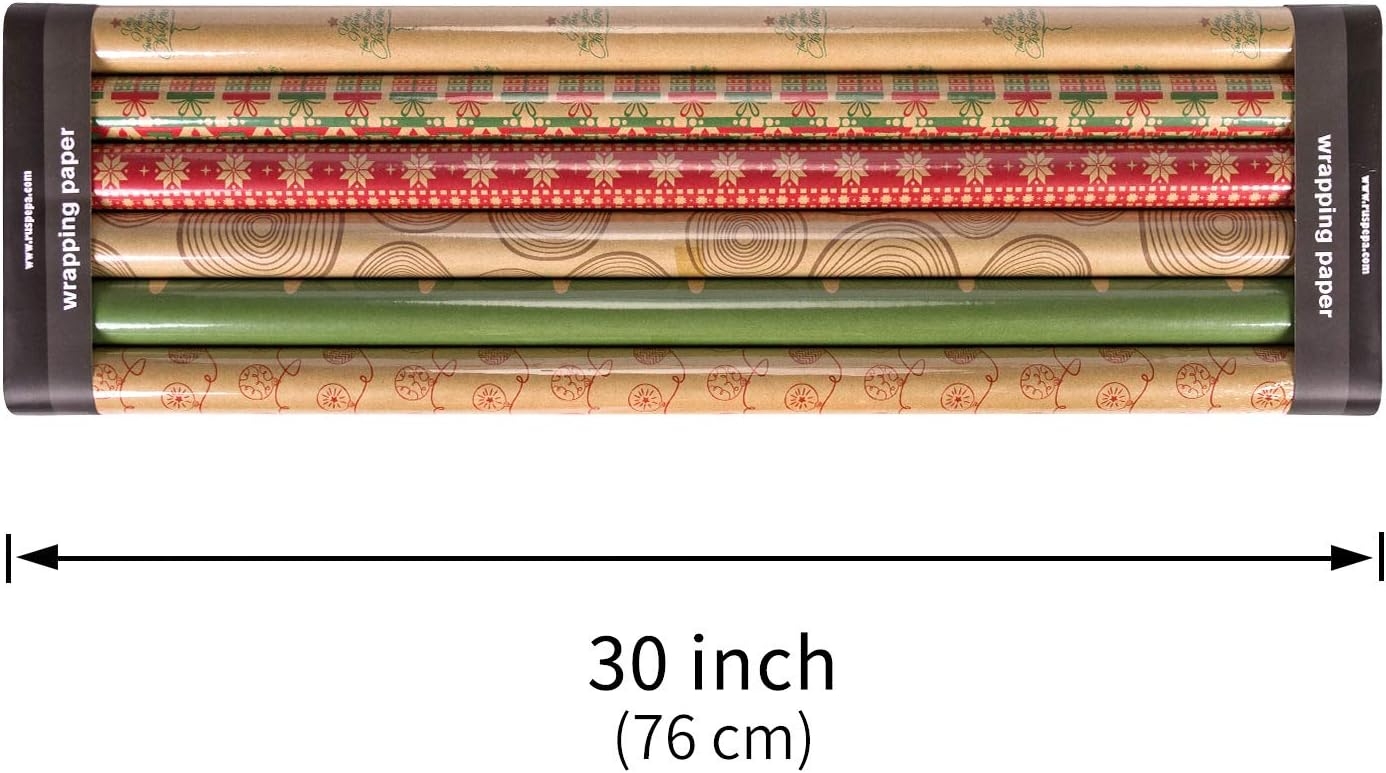 RUSPEPA Christmas Gift Wrapping Paper - Brown Kraft Paper with Red and Green Pattern for Gift-Christmas Elements Collection-6 Roll-30Inch X 10Feet Per Roll