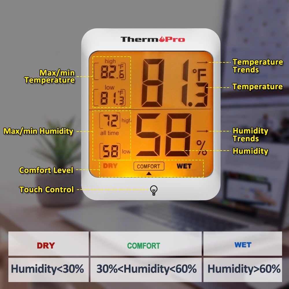 ThermoPro TP53 Hygrometer Humidity Gauge Indicator Digital Indoor Thermometer Room Temperature and Humidity Monitor with Touch Backlight