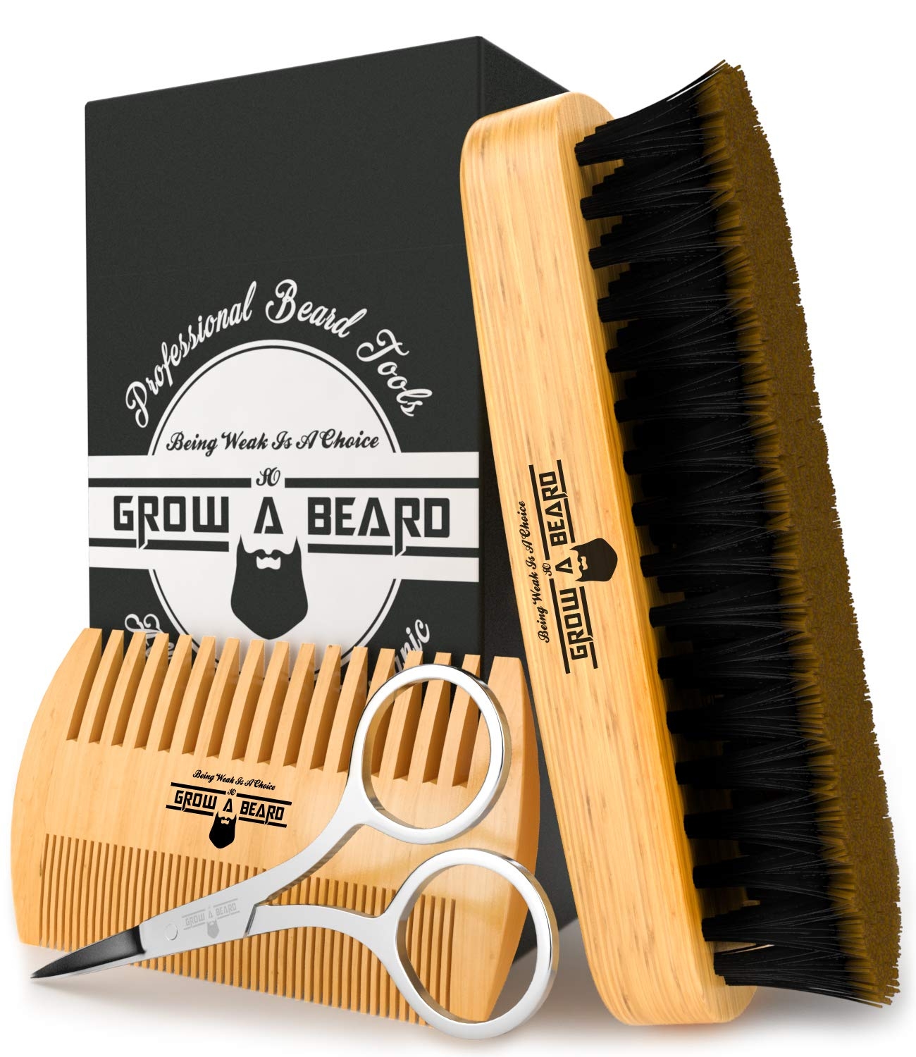 Beard Comb & Brush Set for Men's Care | Giveaway Mustache Scissors Presented in Premium Gift Box | Best Bamboo Grooming Kit to Spread Balm or Oil for Growth & Styling | Adds Shine & Softness