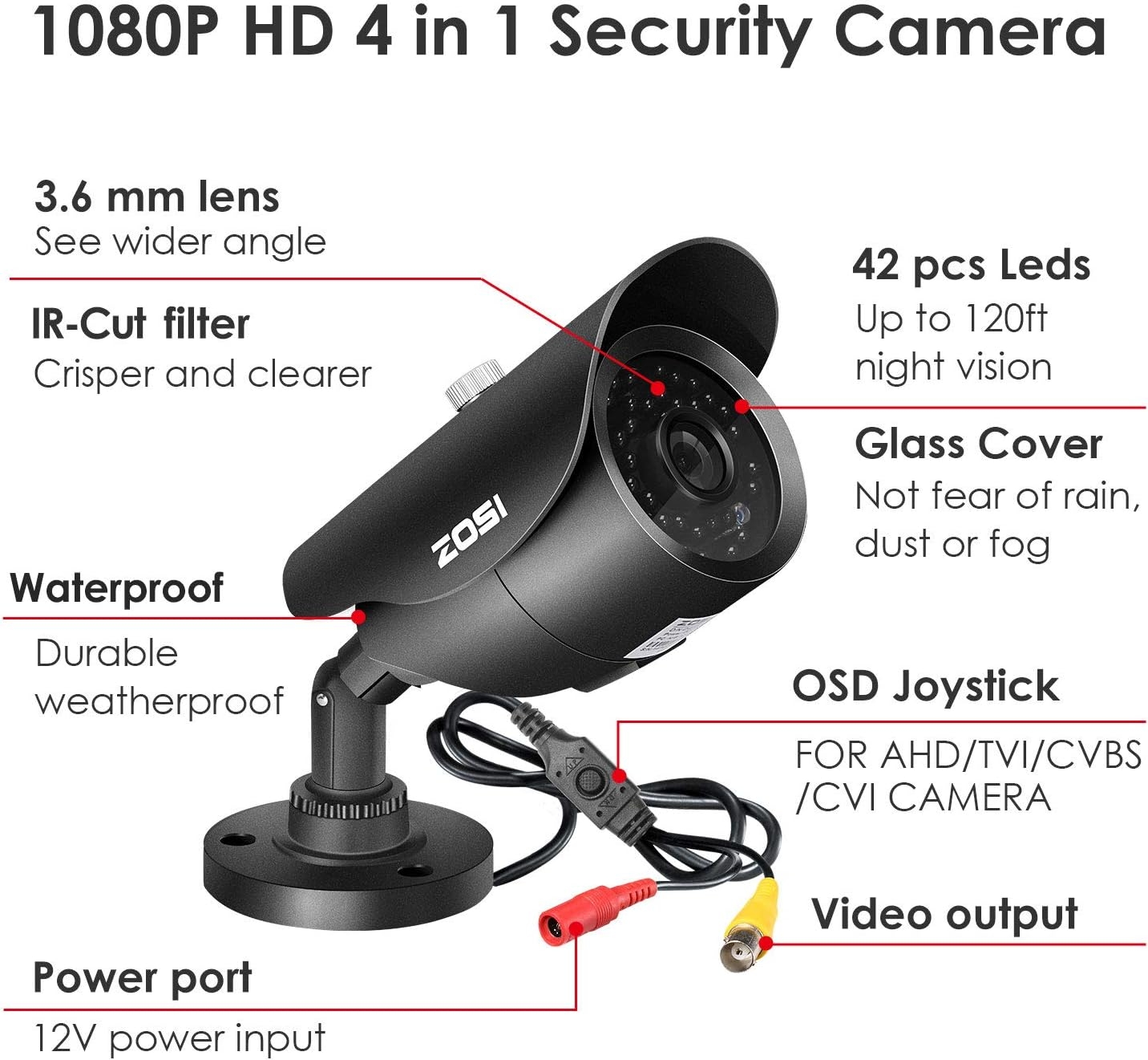 ZOSI 1080P HD 1920TVL Hybrid 4-in-1 TVI/CVI/AHD/960H CVBS CCTV Surveillance Weatherproof Bullet Security Camera 42PCS Infrared LEDs, 120ft IR Distance, For HD-TVI, AHD, CVI, and CVBS/960H analog DVR