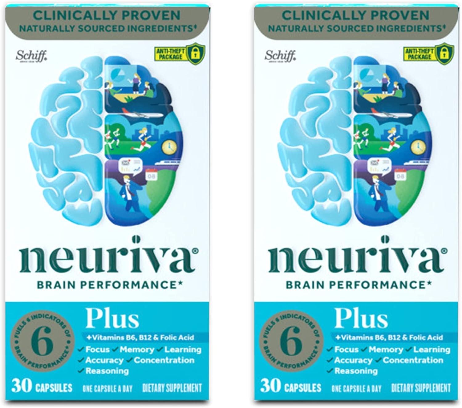 Nootropic Brain Support Supplement - NEURIVA Plus Capsules (30ct) Phosphatidylserine, B6, B12, Folic Acid - Supports Focus, Memory, Learning, Accuracy, Concentration & Reasoning (Pack of 2)