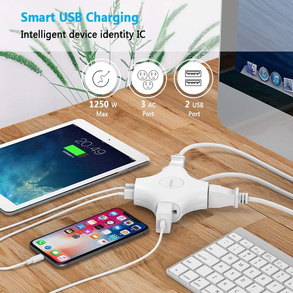USB Power Strip Cruise Approved, TESSAN 3 Outlets with 2 USB Ports Extension Cord 5 Feet No Surge Protector Compact for Cruise Ship Travel Office Home Bedside - White
