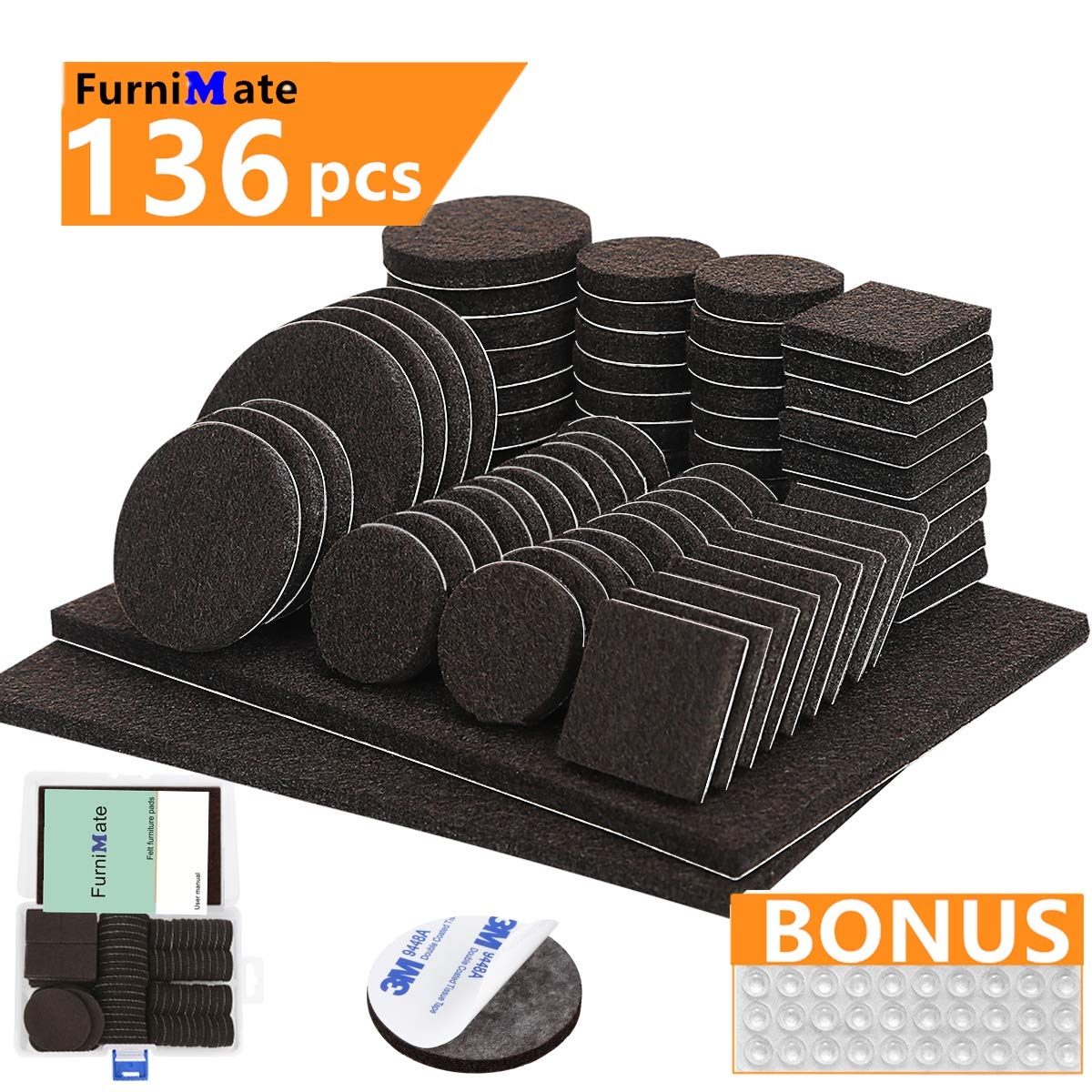 Furniture Pads 136 Pieces Pack Self Adhesive Felt Pad Brown Felt Furniture Pads 5mm Thick Anti Scratch Floor Protectors for Chair Legs Feet with Case and 30 Rubber Bumpers for Hardwood Tile Wood Floor