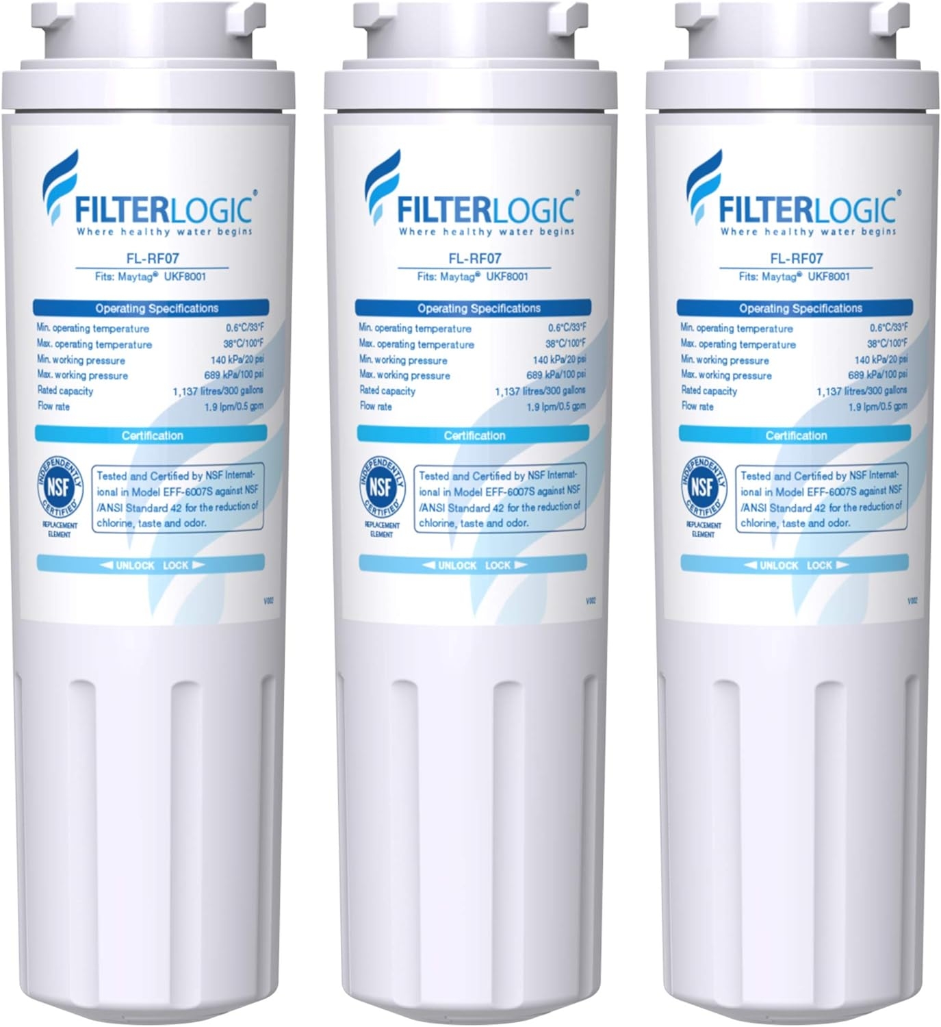 Filterlogic UKF8001 Water Filter, Replacement for EveryDrop Filter 4, EDR4RXD1, Maytag UKF8001P, UKF8001AXX, Whirlpool 4396395, 469006, FMM-2, PUR, Puriclean II (Pack of 3)