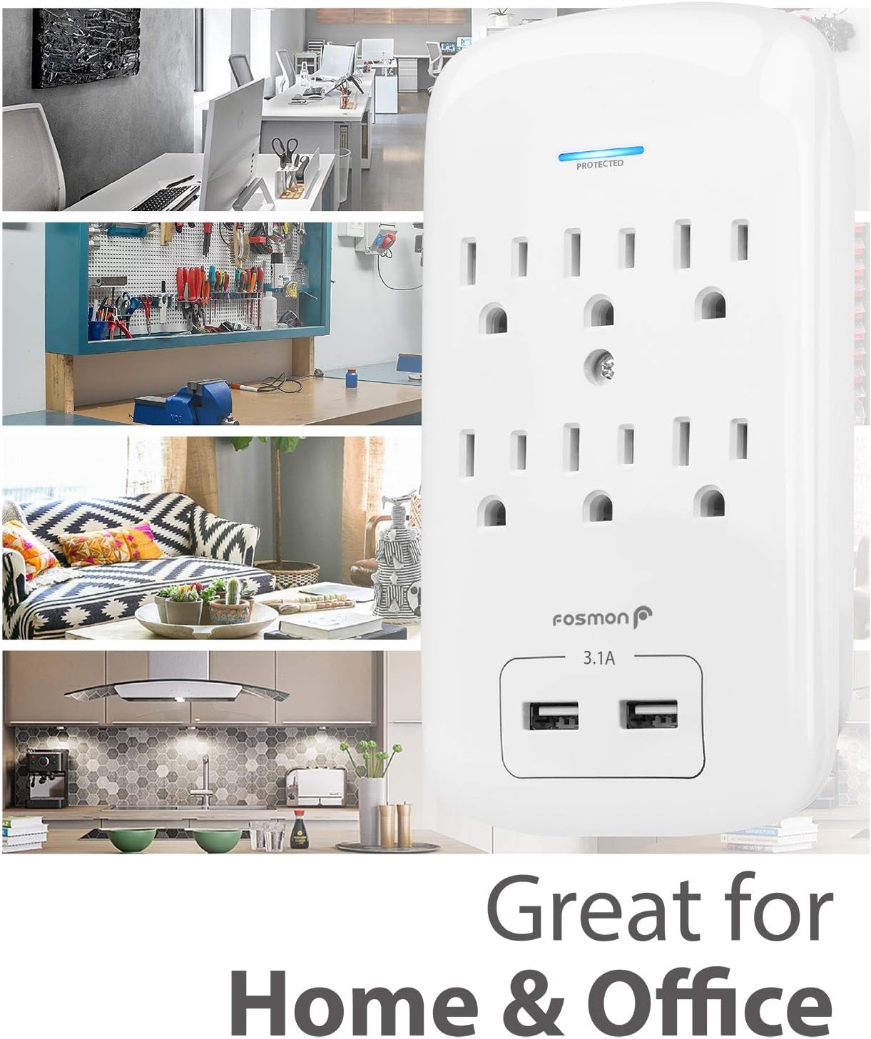 Fosmon 6 Outlet Surge Protector with 2.1A Dual USB Ports Charger, Multi Plug Outlet Extender 1875 Watt, 3-Prong Grounded Wall Tap Splitter Adapter