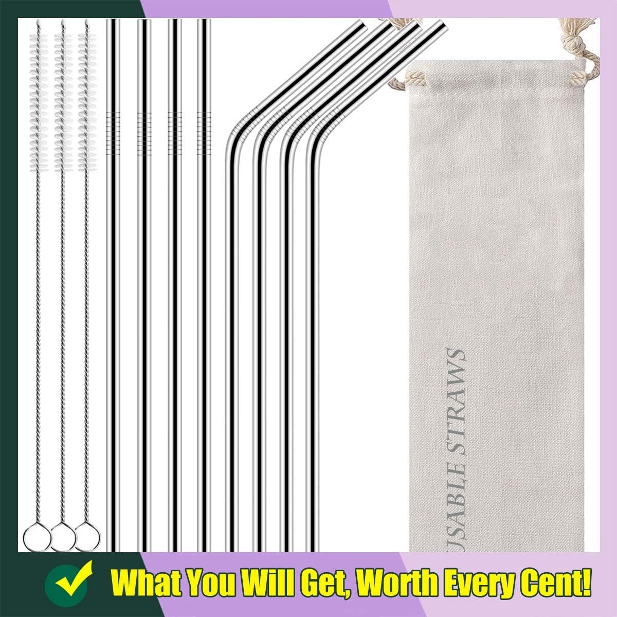 Antonki Reusable Straws, 8 Pack Stainless Steel Straws 10.5 Inch Ultra Long Rustproof Metal Drinking Straws with 3 Pack Long Cleaning Brush & Pouch for 30 OZ Tall Tumblers Cold Beverage