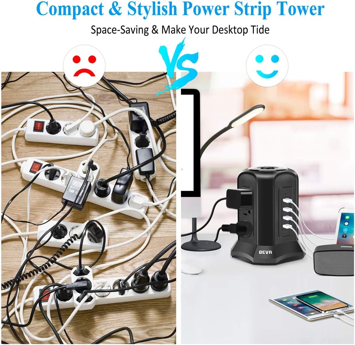 Surge Protector Power Strip Tower - BEVA Desktop Power Strip Tower with 4 USB Ports 9 Outlets,Switch Control Power Outlet Strips Charging Station 6 ft Extension Cable for Office and Home