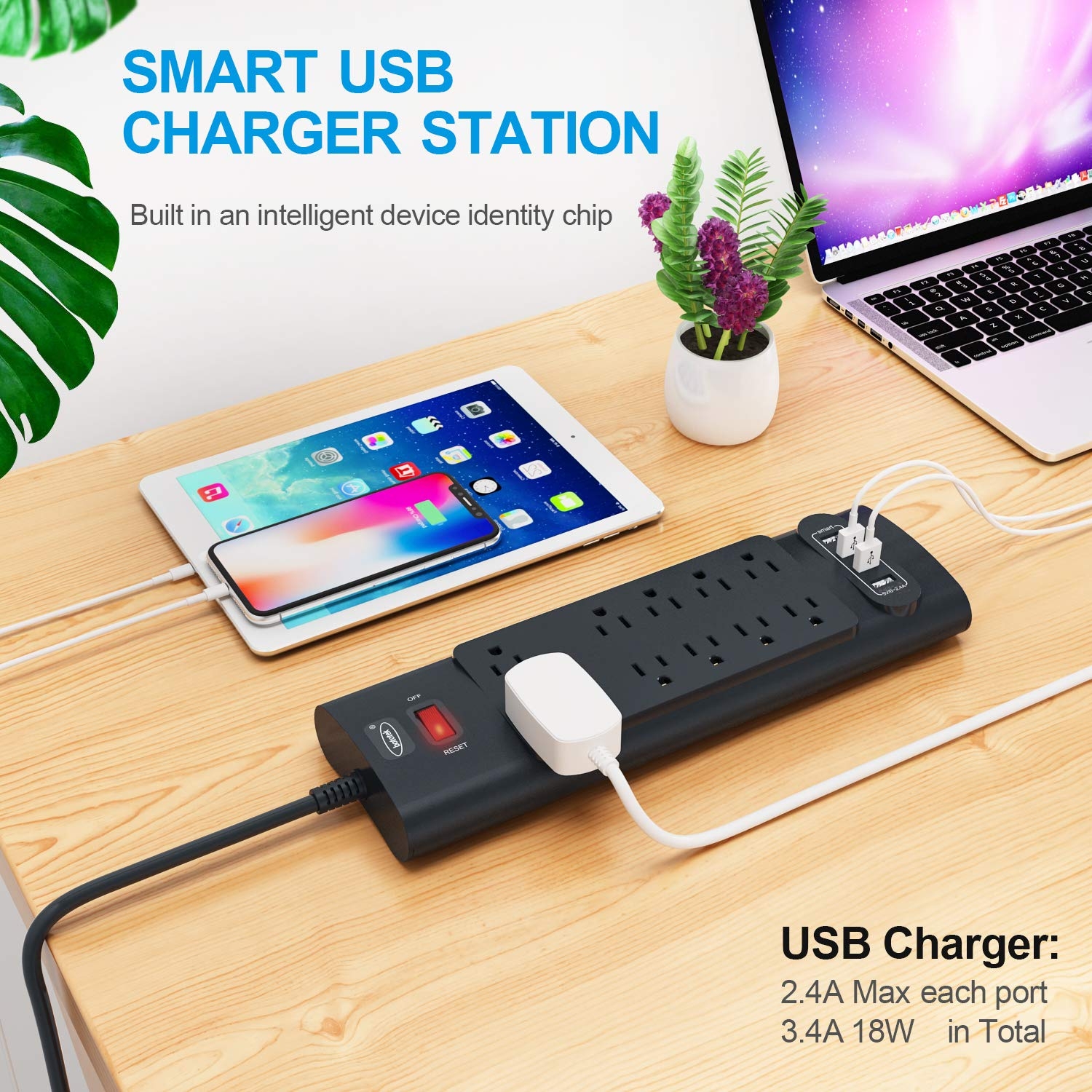 Power Strip, Bototek Surge Protector with 10 AC Outlets and 4 USB Charging Ports,1625W/13A, 2100 Joules, 6 Feet Long Extension Cord for Smartphone Tablets Home,Office, Hotel- Black