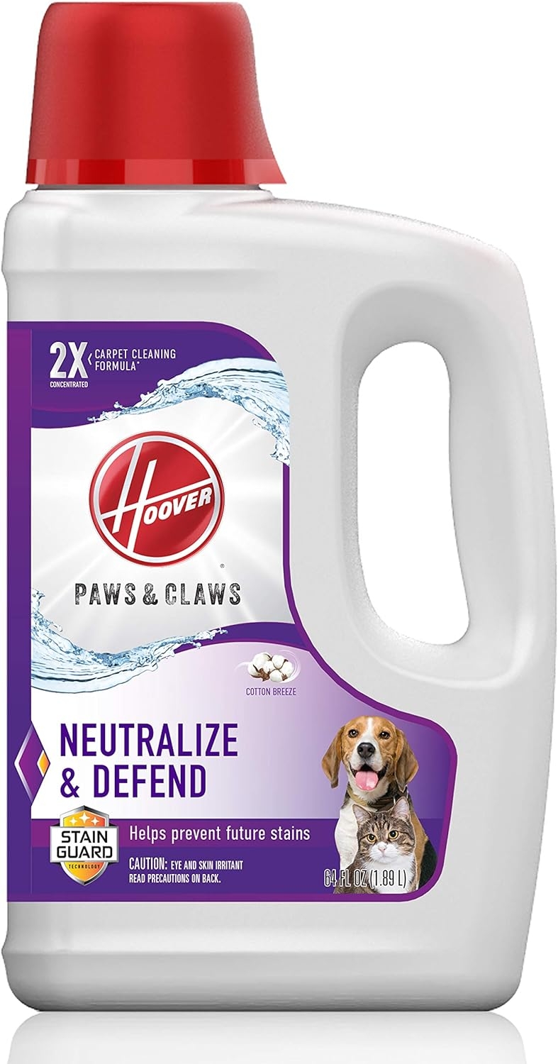 Hoover Paws & Claws Deep Cleaning Carpet Shampoo with Stainguard, Concentrated Machine Cleaner Solution for Pets, 64oz Formula, AH30925, White