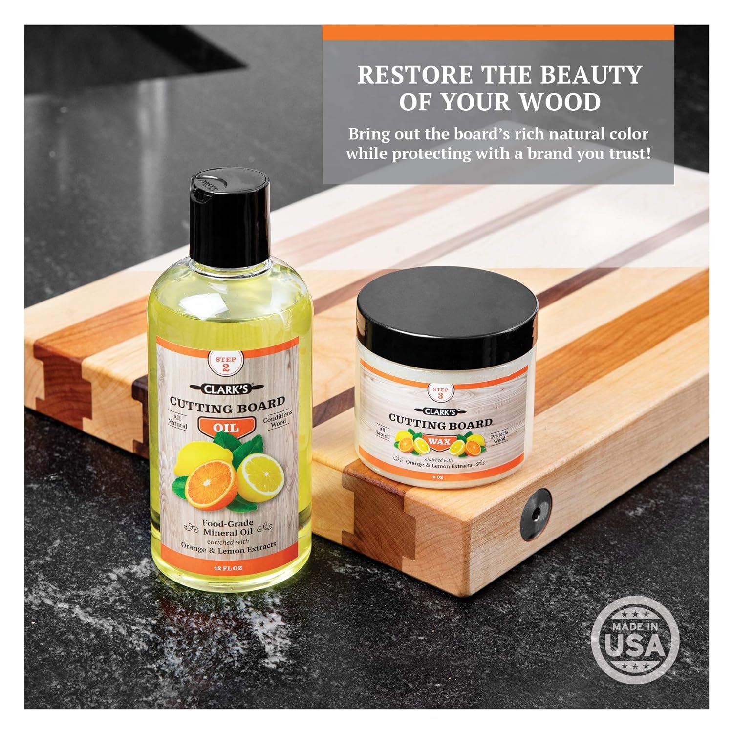 CLARK'S Cutting Board Oil & Wax (2 Bottle Set) | Includes CLARK'S Cutting Board Oil (12oz) & CLARK'S Finish Wax (6oz) | Orange & Lemon Scent