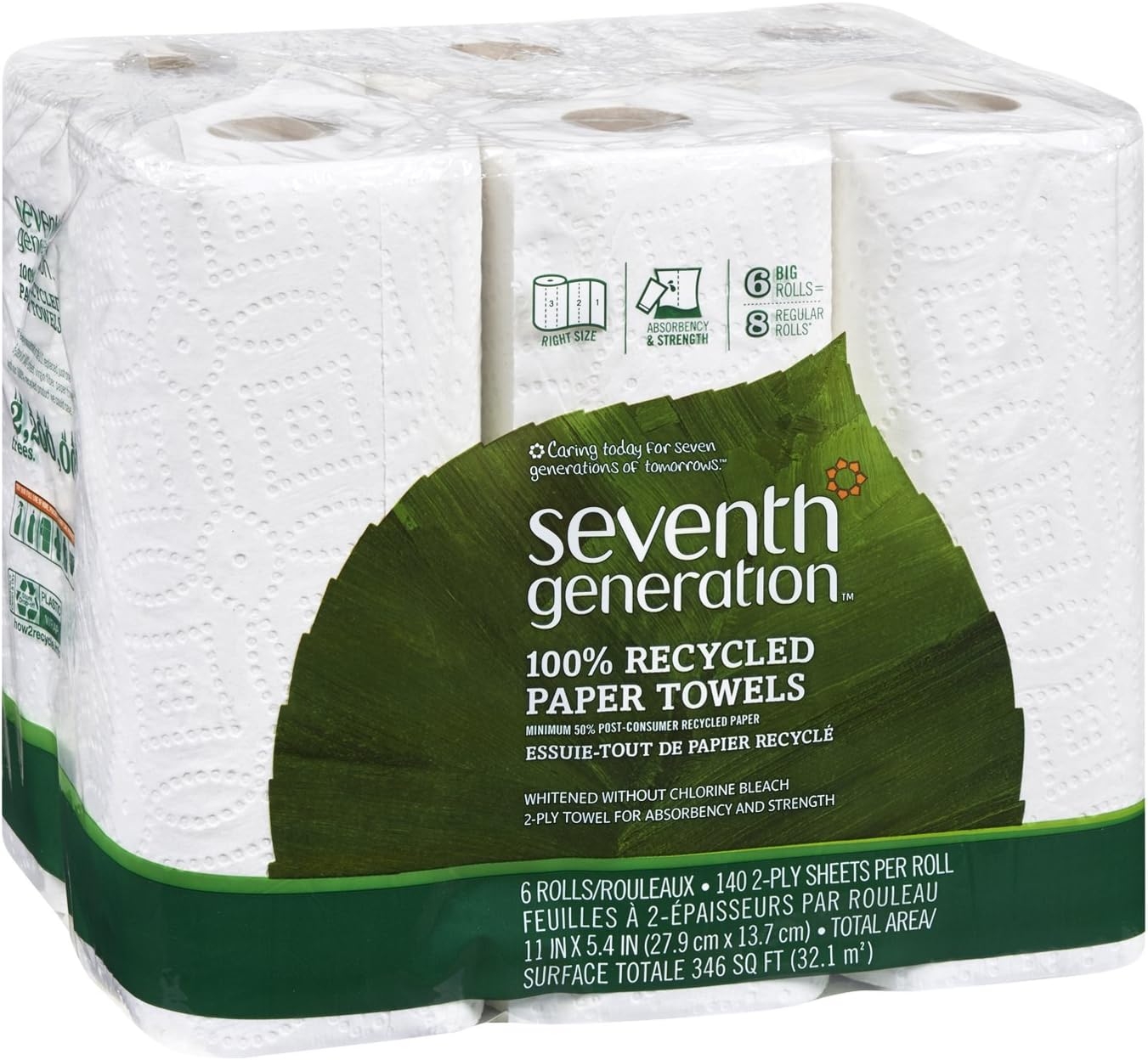 Seventh Generation Paper Towels, 100% Recycled Paper, 2-ply, 6-Count (Pack of 4)