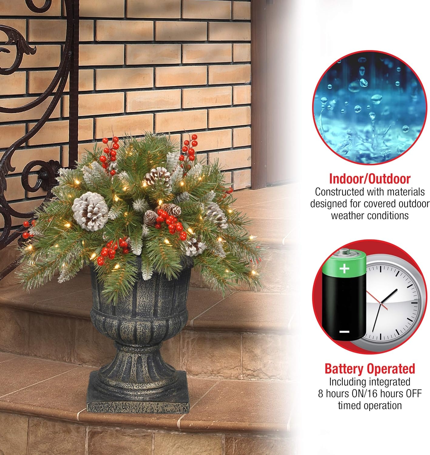 National Tree 18 Inch Frosted Berry Urn Filler with Cones, Red Berries, Tripod Stake and 35 Warm White Battery Operated LED Lights with Timer (FRB-300-18U-B)