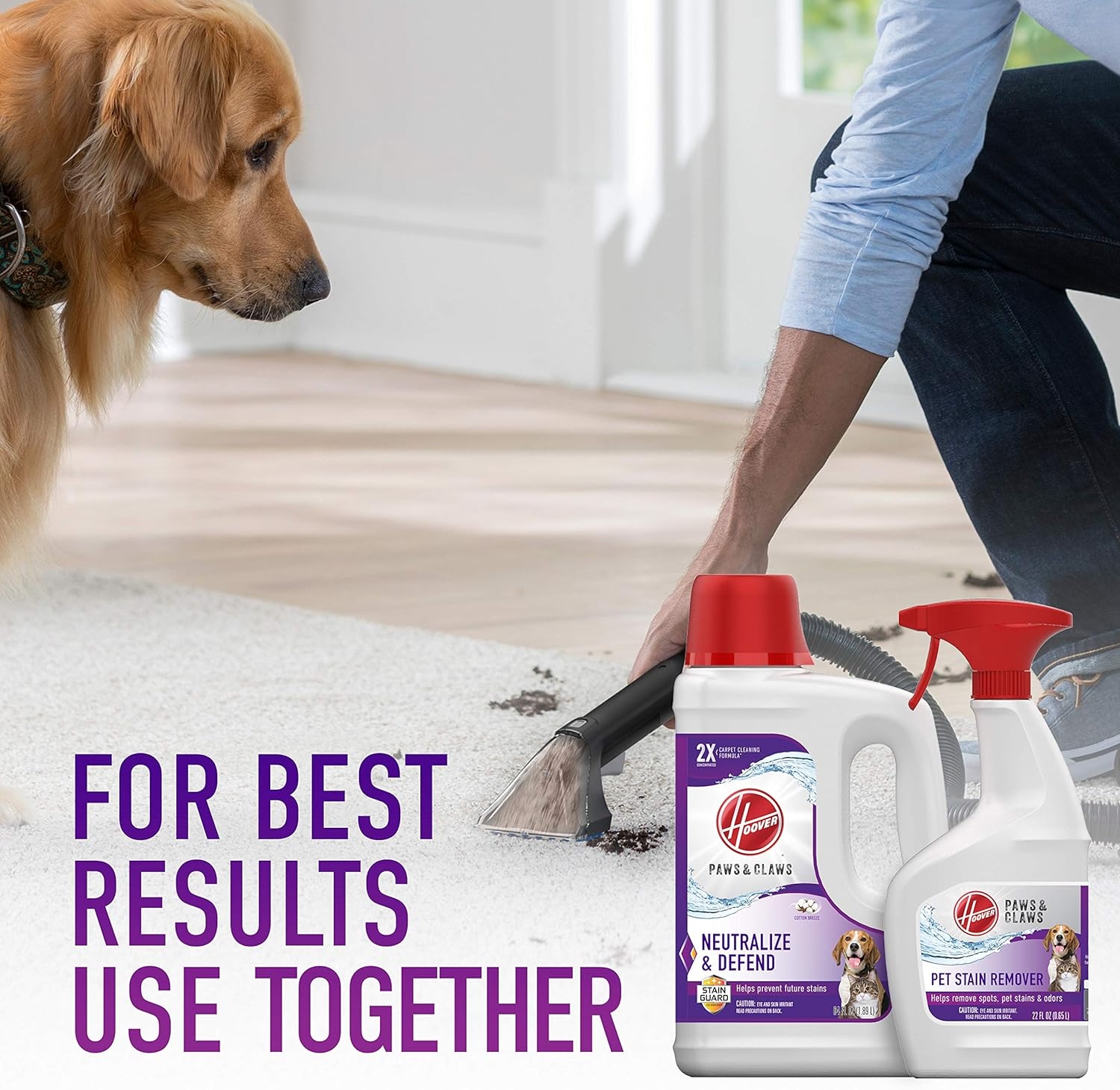 Hoover Paws & Claws Deep Cleaning Carpet Shampoo with Stainguard, Concentrated Machine Cleaner Solution for Pets, 64oz Formula, AH30925, White