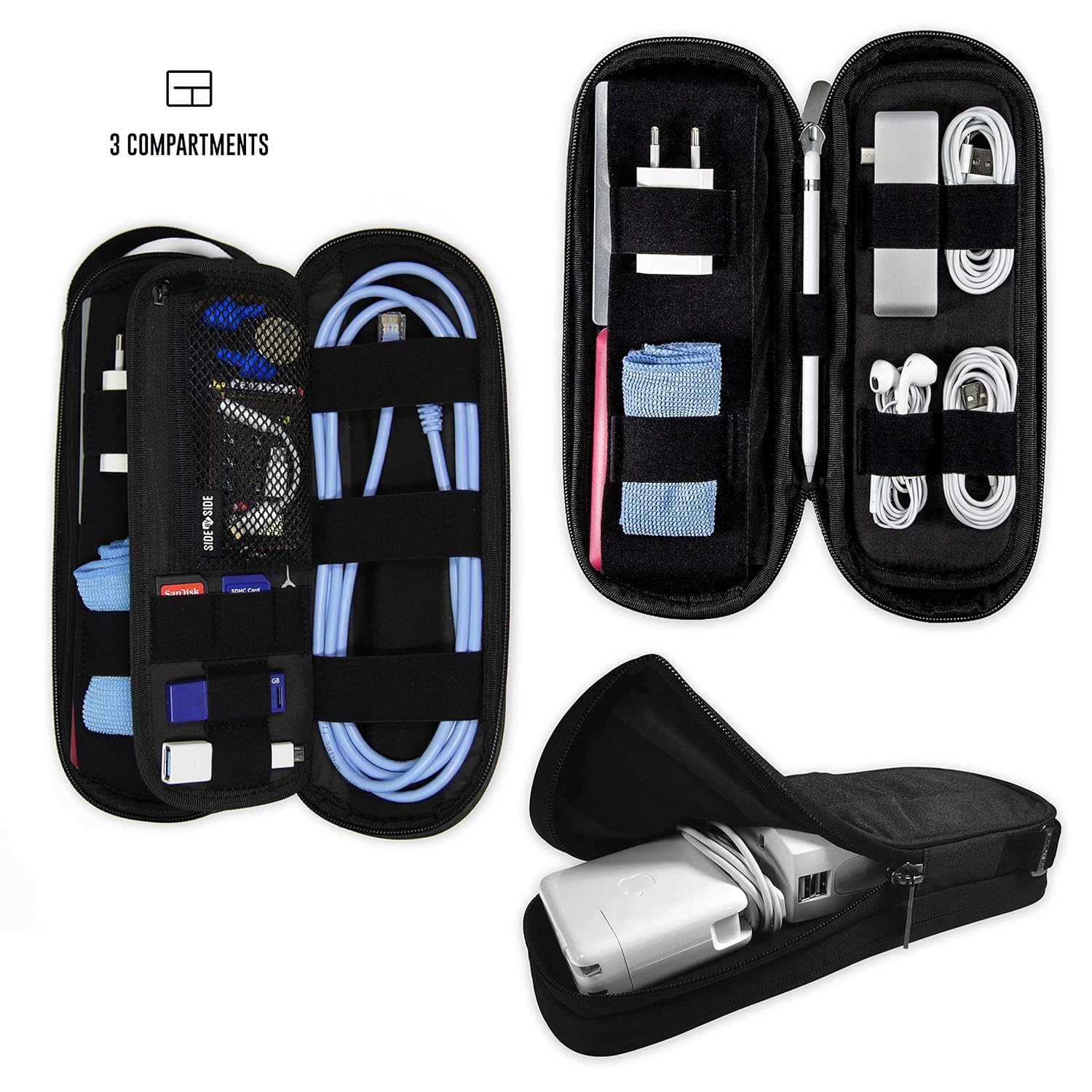 Travel Tech Bag Organizer - Cables & EDC Gear Pouch - Electronics & Cord Case. POWER PACKER by SIDE BY SIDE