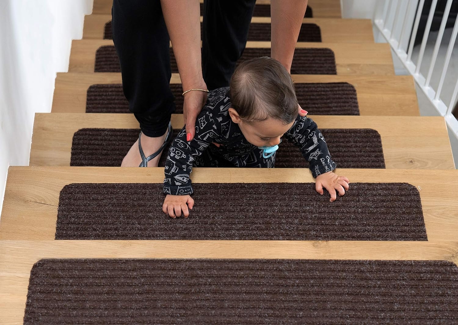 EdenProducts Patent Pending Non Slip Carpet Stair Treads, Set of 2, Rug Non Skid Runner for Grip and Beauty. Safety Slip Resistant for Kids, Elders, and Dogs. 8" X 30", Brown, Pre Applied Adhesive